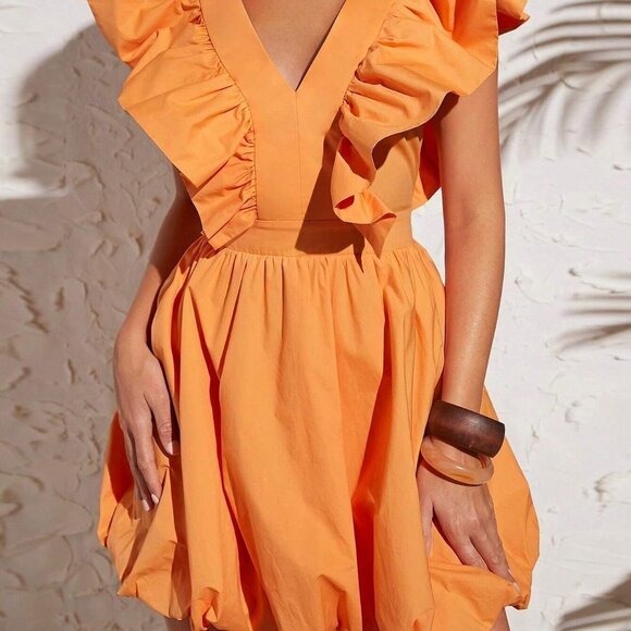 Orange Boho Womens Ruffle Trim Solid Dress - Picture 5 of 5